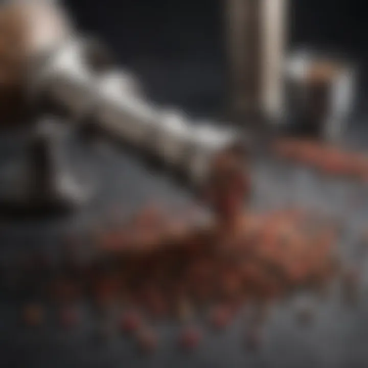 Close-up of peppercorns being poured into a grinder