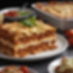 A vibrant platter of baked lasagna, showcasing layers of pasta, cheese, and rich meat sauce.