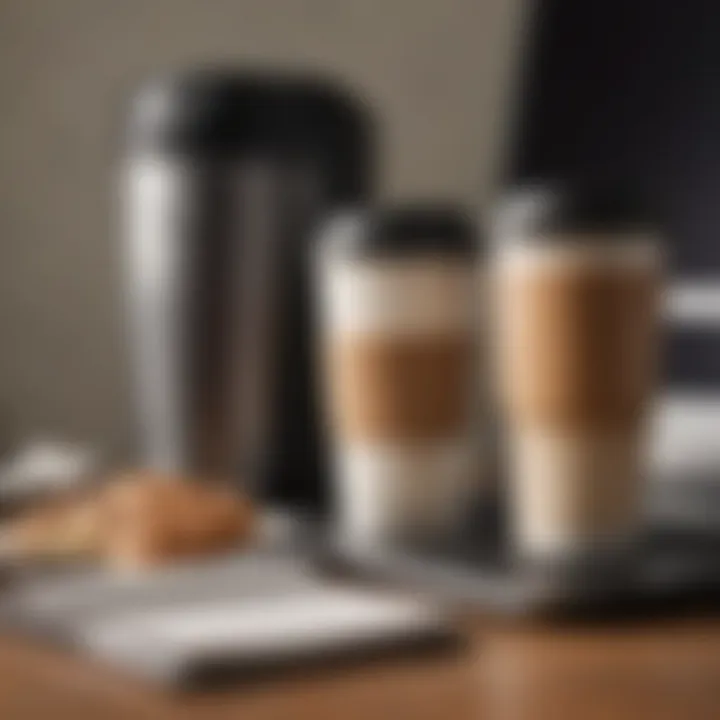 A thermal travel mug next to a laptop, illustrating the convenience for on-the-go professionals