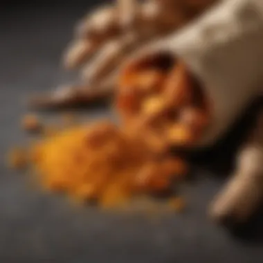 Close-up of turmeric root and powder