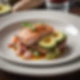 A beautifully plated keto meal featuring avocados and fatty fish.