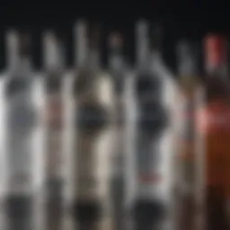 A close-up view of vodka bottles showcasing different ABV levels