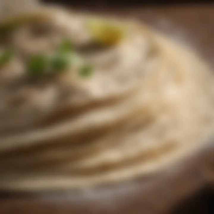 Detailed view of a flour tortilla highlighting its texture and composition