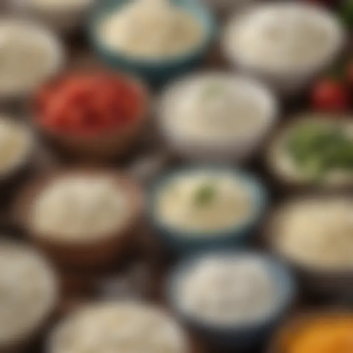 Varieties of cottage cheese displayed in bowls showcasing texture differences