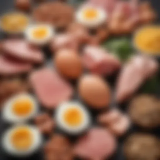 A variety of high-protein foods including eggs, legumes, and lean meats