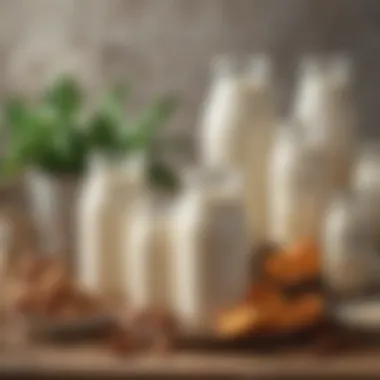 Exploring Plant-Based Milks An array of plant-based milk alternatives in decorative containers