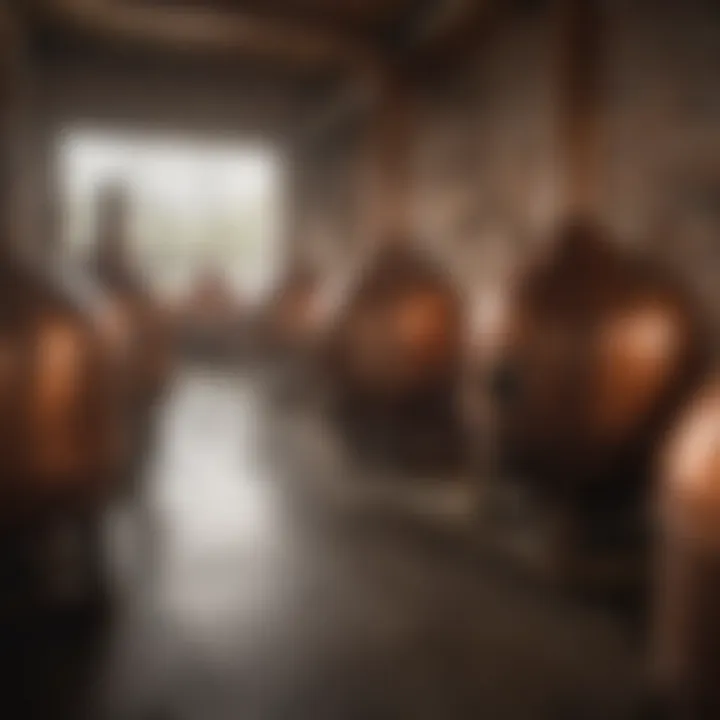 A traditional distillery setting highlighting copper pot stills