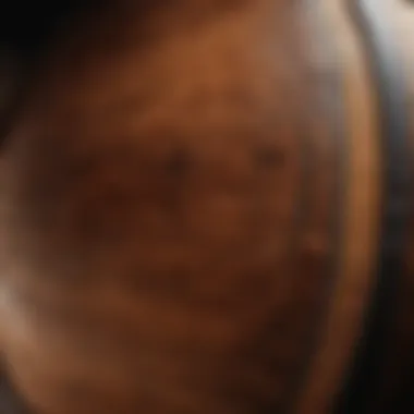 A close-up of a bourbon barrel showcasing the wood grain and rich color