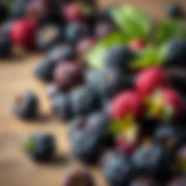A close-up of fresh blackberries scattered on a wooden surface