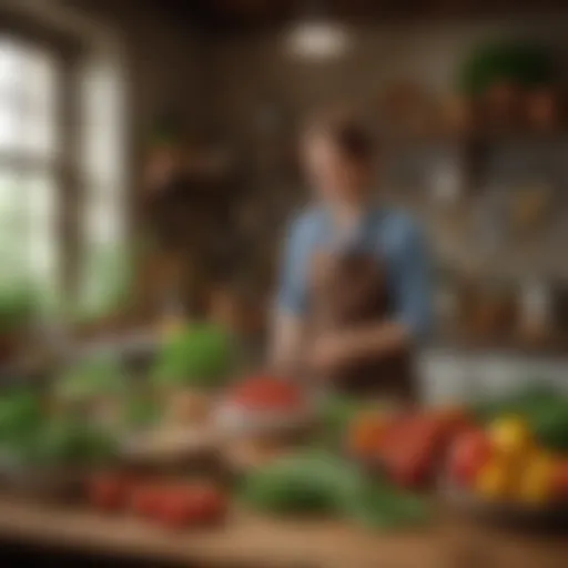 A rustic kitchen filled with fresh vegetables and herbs
