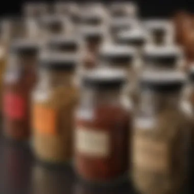 A close-up of spices in jars with labels, emphasizing freshness