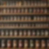 An organized spice shelf showcasing a variety of spices in elegant containers