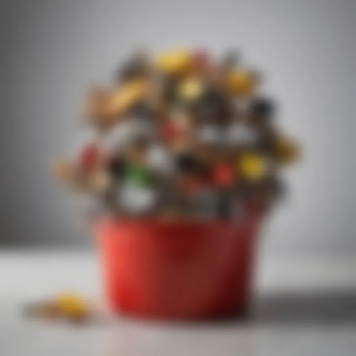 Various types of kitchen scrap buckets arranged together, highlighting the diversity in design and materials.