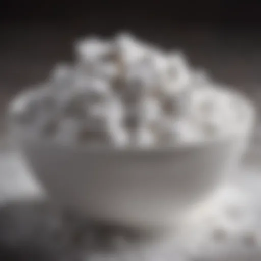 A close-up view of a bowl filled with vegan powdered sugar, showcasing its fine texture.