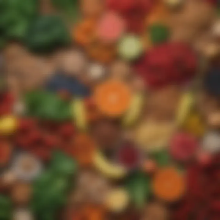 Nutrient-rich vegan foods including fruits, vegetables, grains, and legumes arranged aesthetically