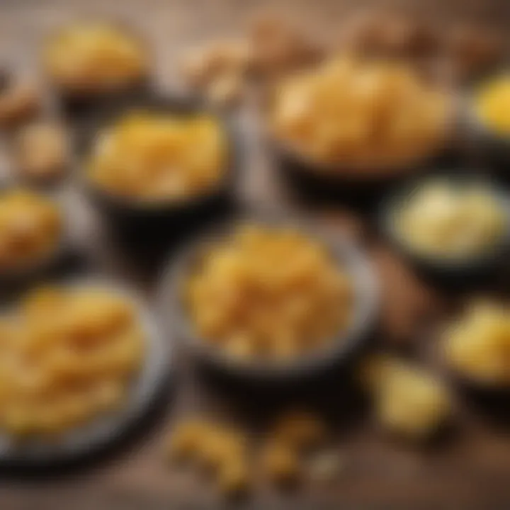 An assortment of candied ginger products on a rustic wooden surface.