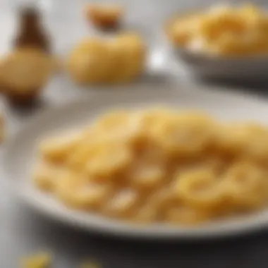 Close-up of candied ginger slices arranged artfully on a plate.