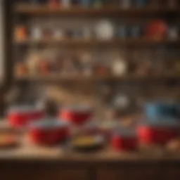 A vibrant display of various Lodge cookware items arranged on a rustic wooden countertop.